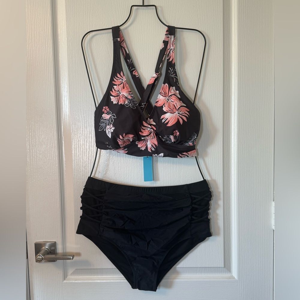 Younique Black Floral Bikini with Plunging Halter High-Waisted Bottom 14W NWT - Picture 2 of 11